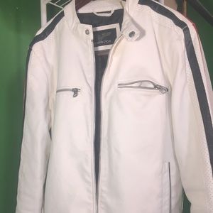 White black and red biker jacket size small ride in style why don’t ya